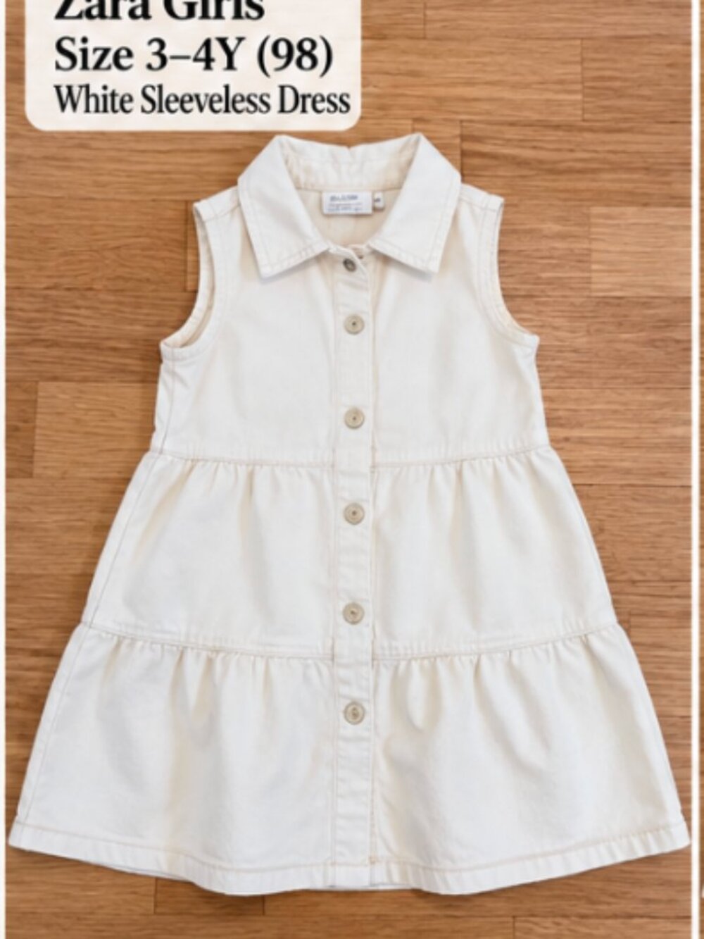 Zara Girls White Sleeveless Button Front Dress – Size 3–4Y